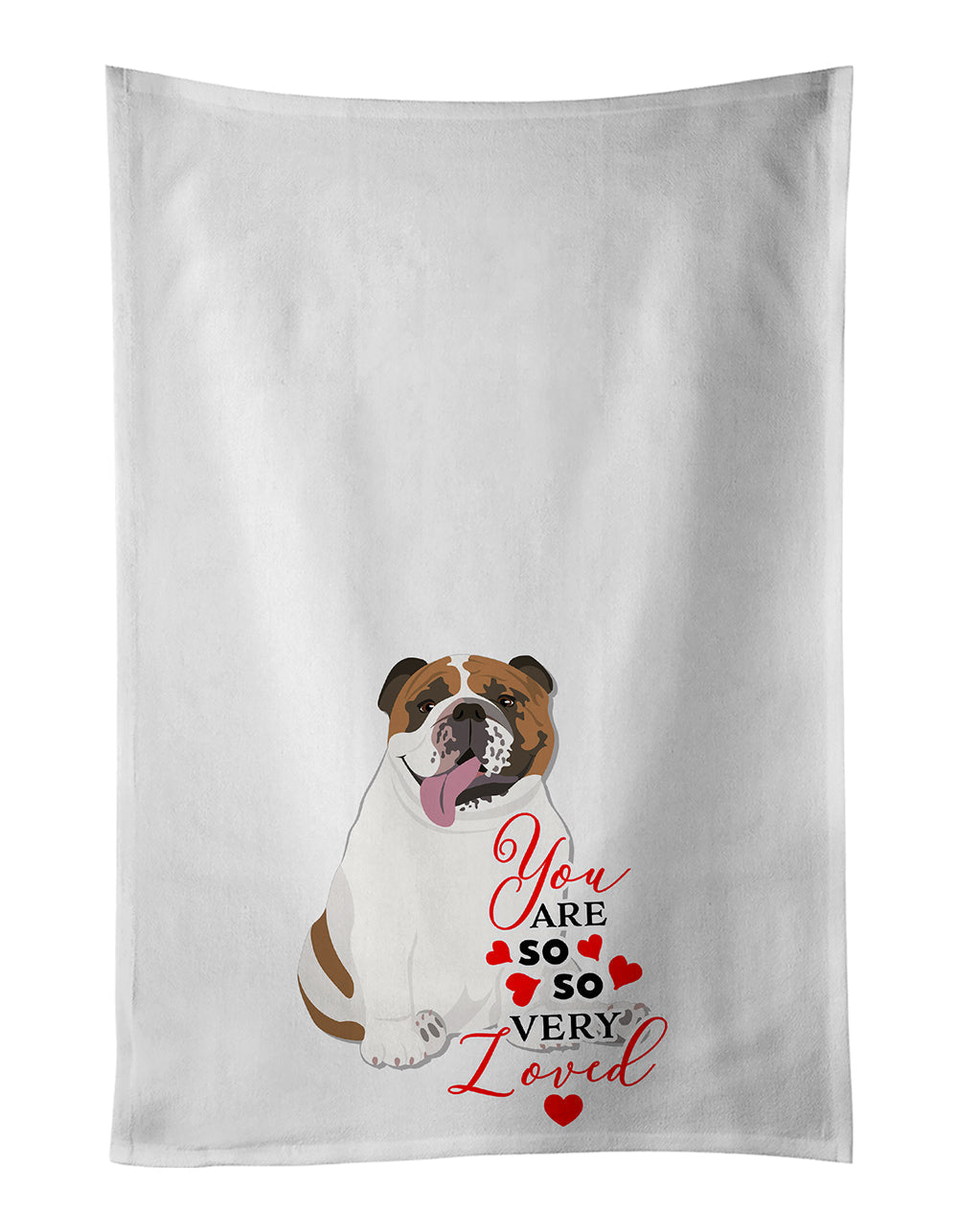English Bulldog Tricolor #1 so Loved Kitchen Towel Set of 2 White Dish Towels Decorative Bathroom Hand towel for Hand, Face, Hair, Yoga, Tea, Dishcloth, 19 X 28", White