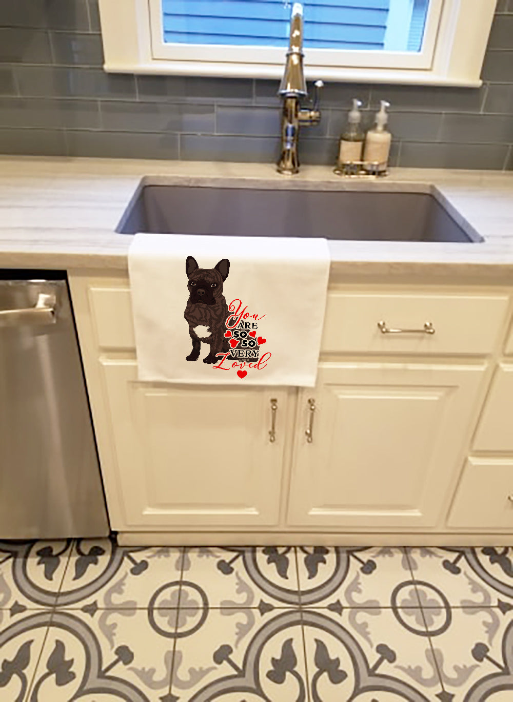 French Bulldog Brindle #1 so Loved Kitchen Towel Set of 2 White Dish Towels Decorative Bathroom Hand towel for Hand, Face, Hair, Yoga, Tea, Dishcloth, 19 X 28", White