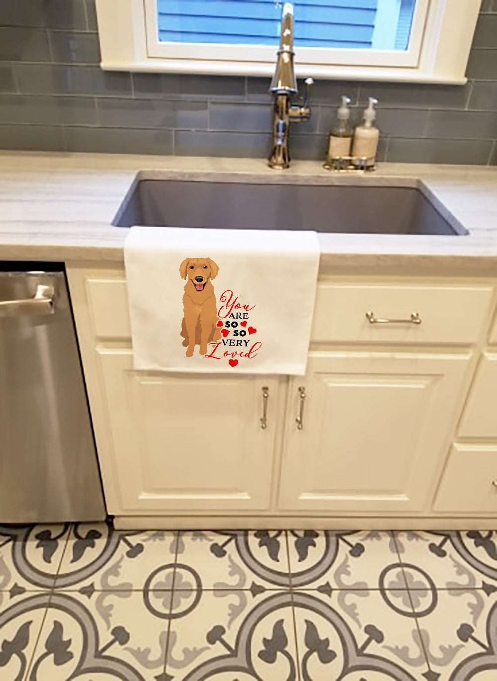 Golden Retriever Gold #2 so Loved Kitchen Towel Set of 2 White Dish Towels Decorative Bathroom Hand towel for Hand, Face, Hair, Yoga, Tea, Dishcloth, 19 X 28", White