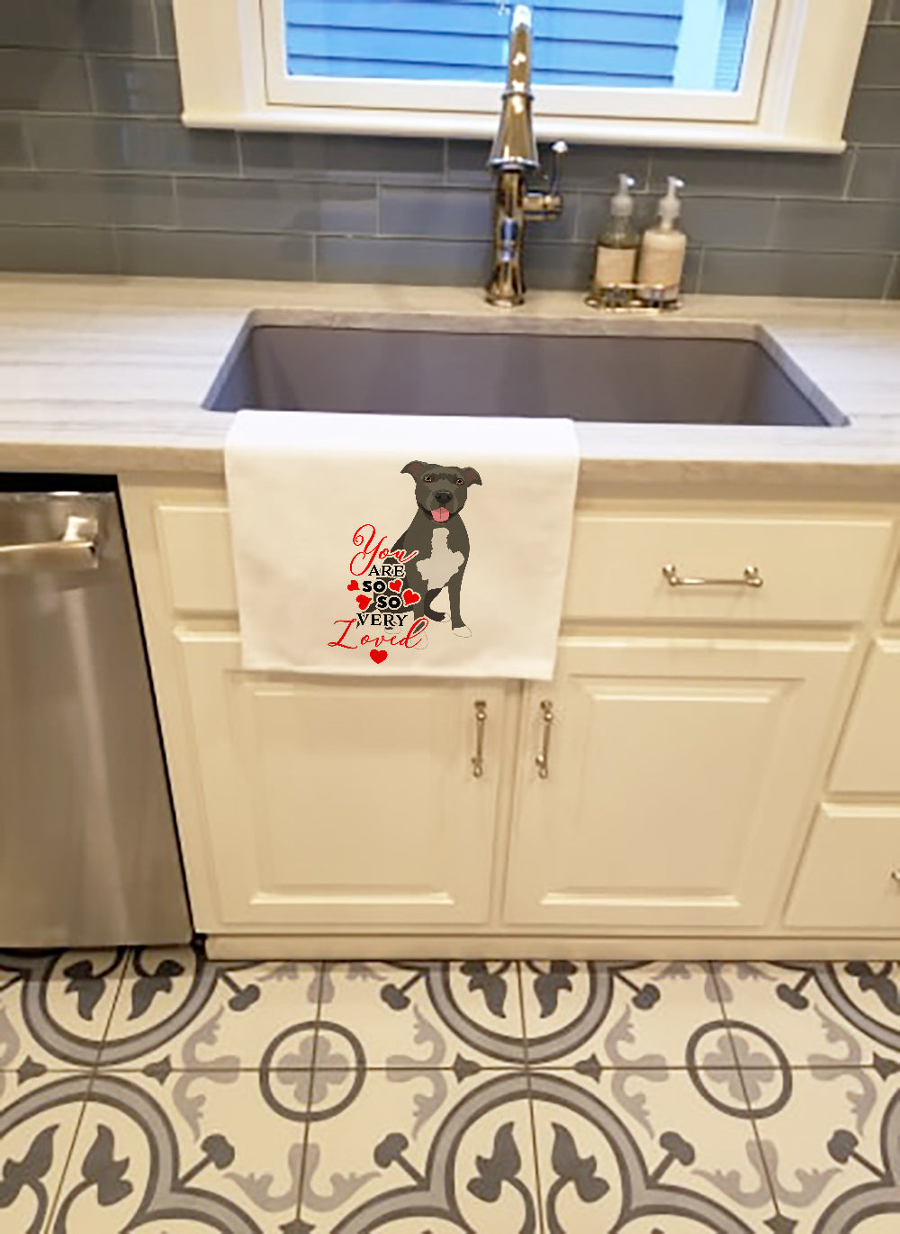 Pit Bull Blue #3 so Loved Kitchen Towel Set of 2 White Dish Towels Decorative Bathroom Hand towel for Hand, Face, Hair, Yoga, Tea, Dishcloth, 19 X 28", White