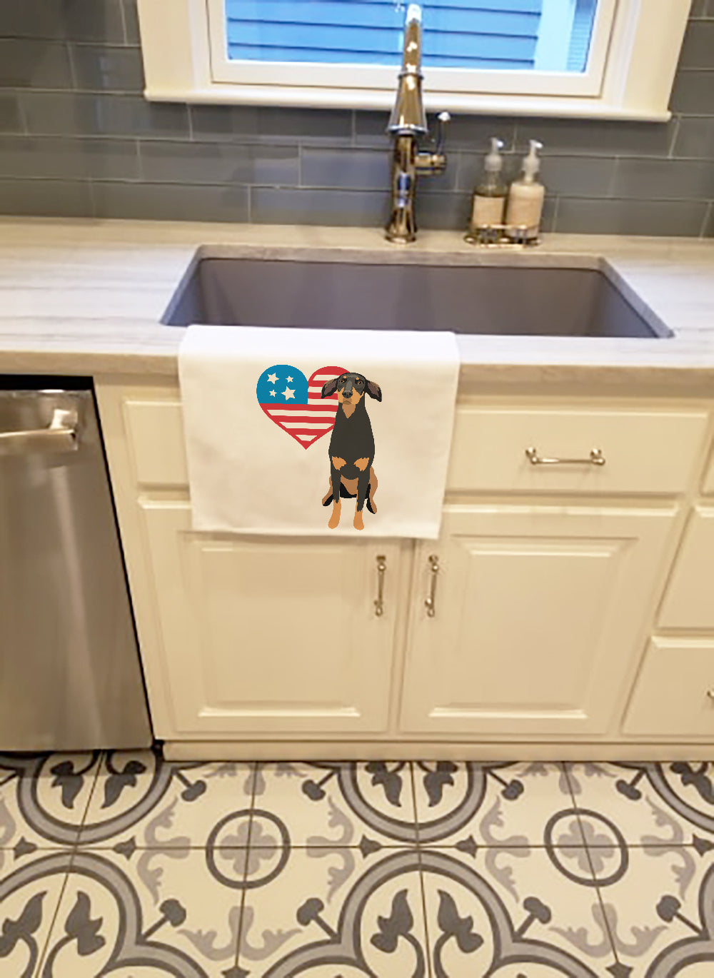 Doberman Pinscher Black and Rust Natural Ears #2 Patriotic Kitchen Towel Set of 2 White Dish Towels Decorative Bathroom Hand towel for Hand, Face, Hair, Yoga, Tea, Dishcloth, 19 X 28", White