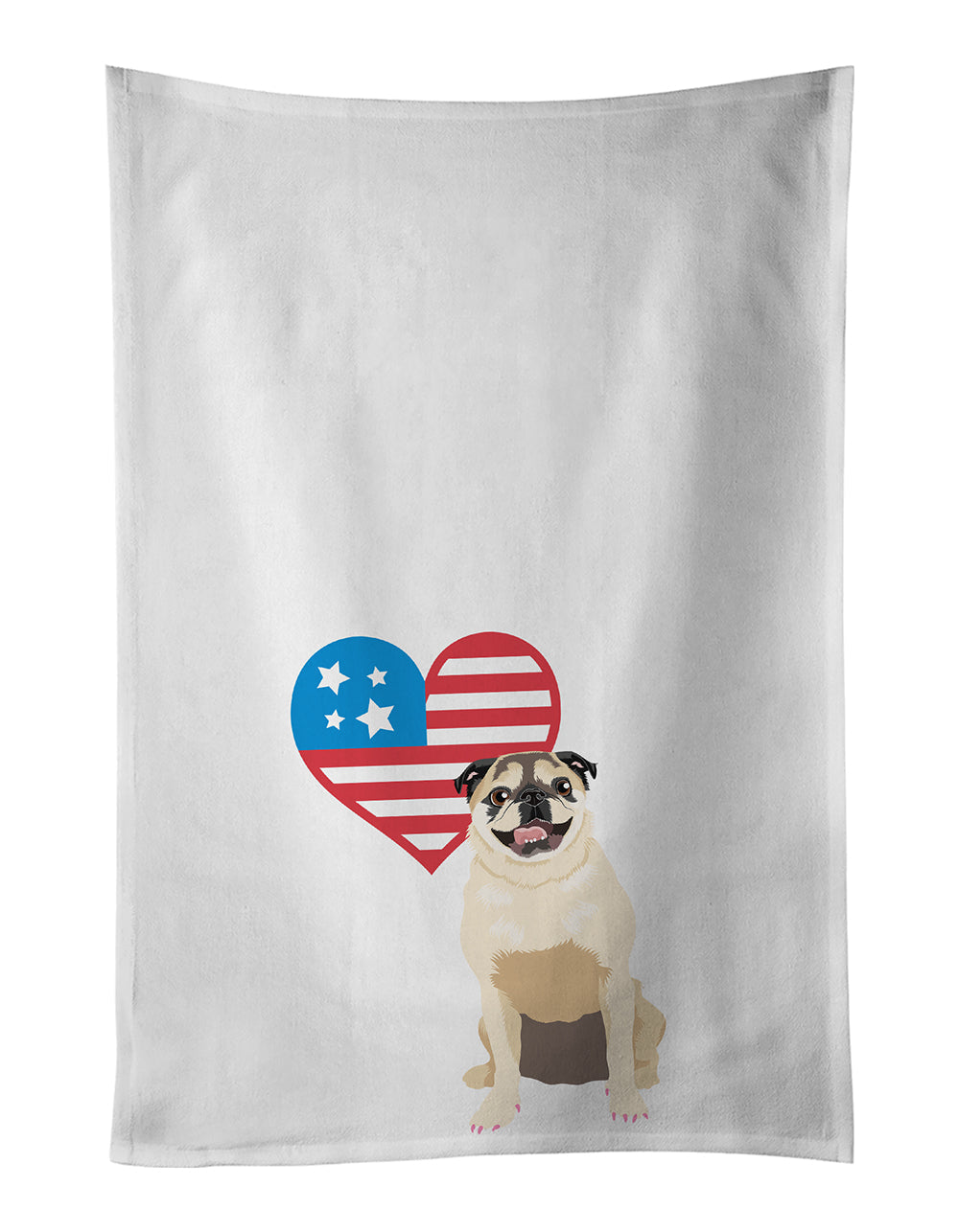 Pug Fawn #5 Patriotic Kitchen Towel Set of 2 White Dish Towels Decorative Bathroom Hand towel for Hand, Face, Hair, Yoga, Tea, Dishcloth, 19 X 28", White