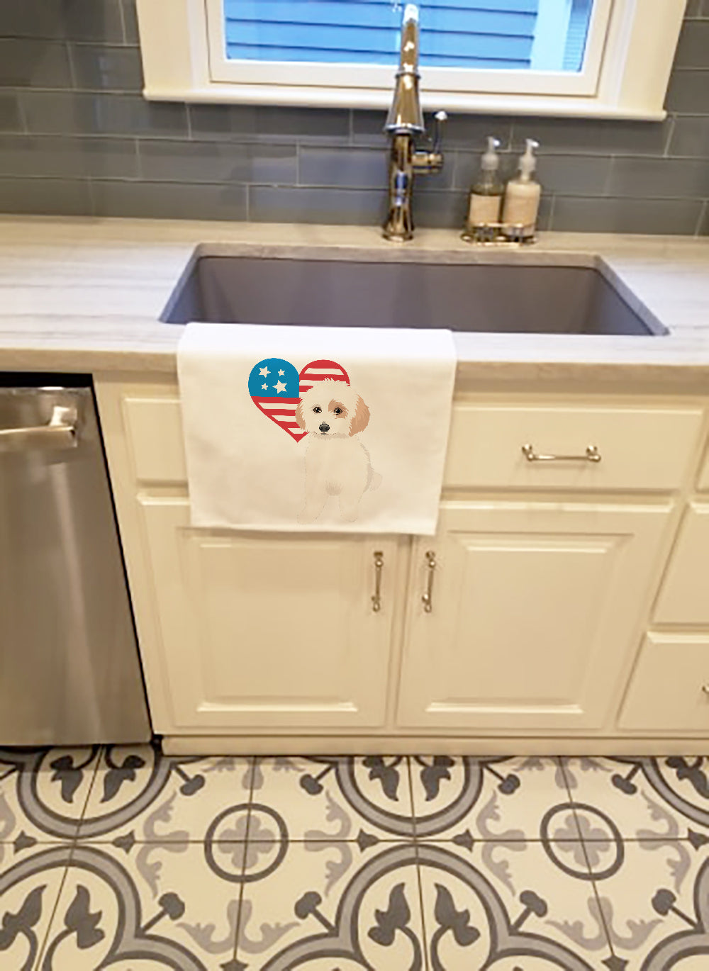 Shih-Tzu White and Red Patriotic Kitchen Towel Set of 2 White Dish Towels Decorative Bathroom Hand towel for Hand, Face, Hair, Yoga, Tea, Dishcloth, 19 X 28", White
