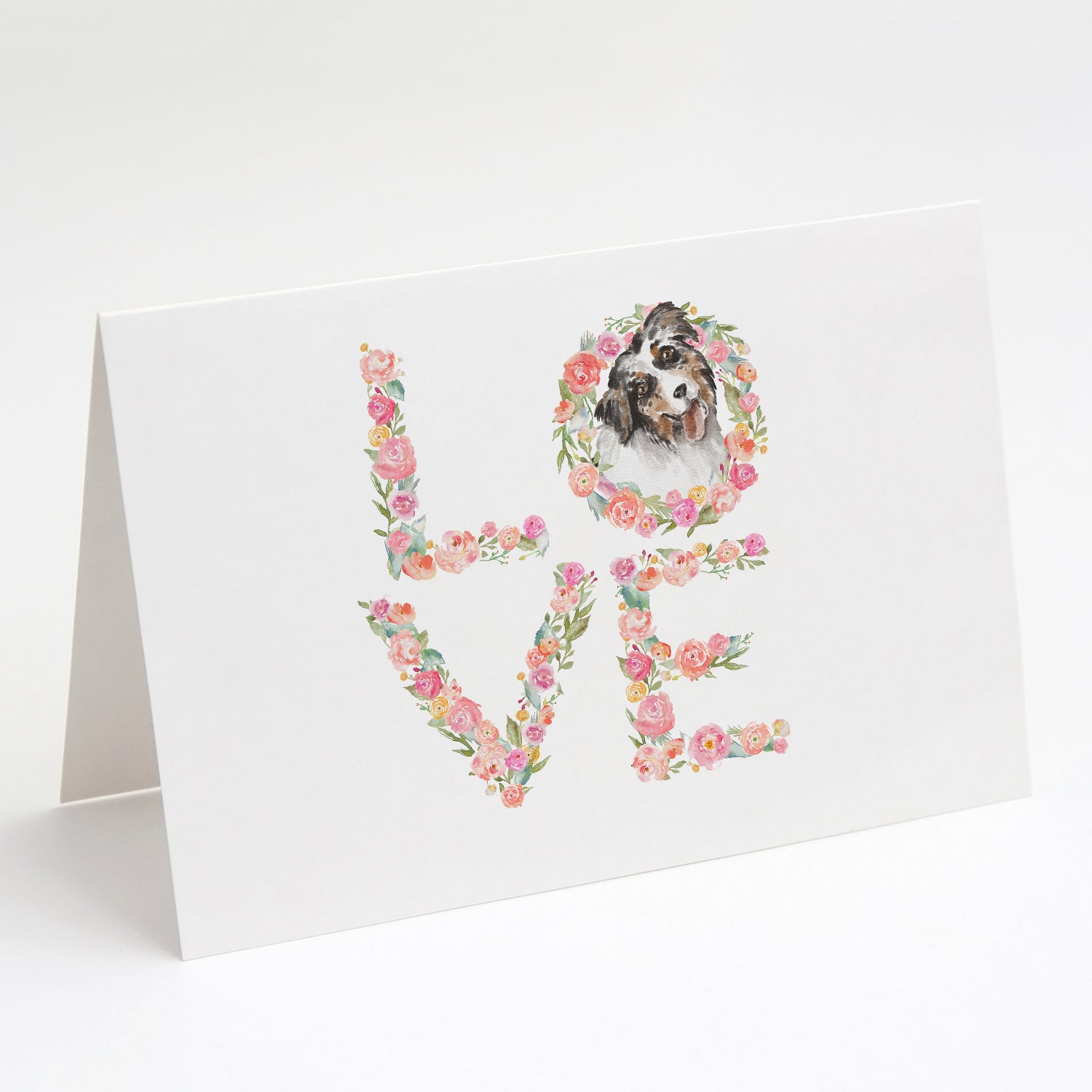 Australian Shepherd Tricolor LOVE Greeting Cards Pack of 8 Blank Cards with Envelopes Whimsical A7 Size 5x7