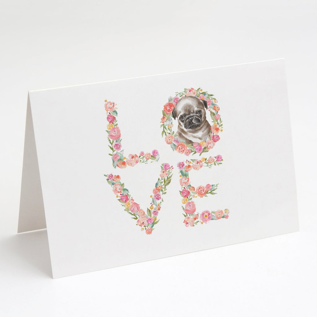 Pug #3 LOVE Greeting Cards Pack of 8 Blank Cards with Envelopes Whimsical A7 Size 5x7