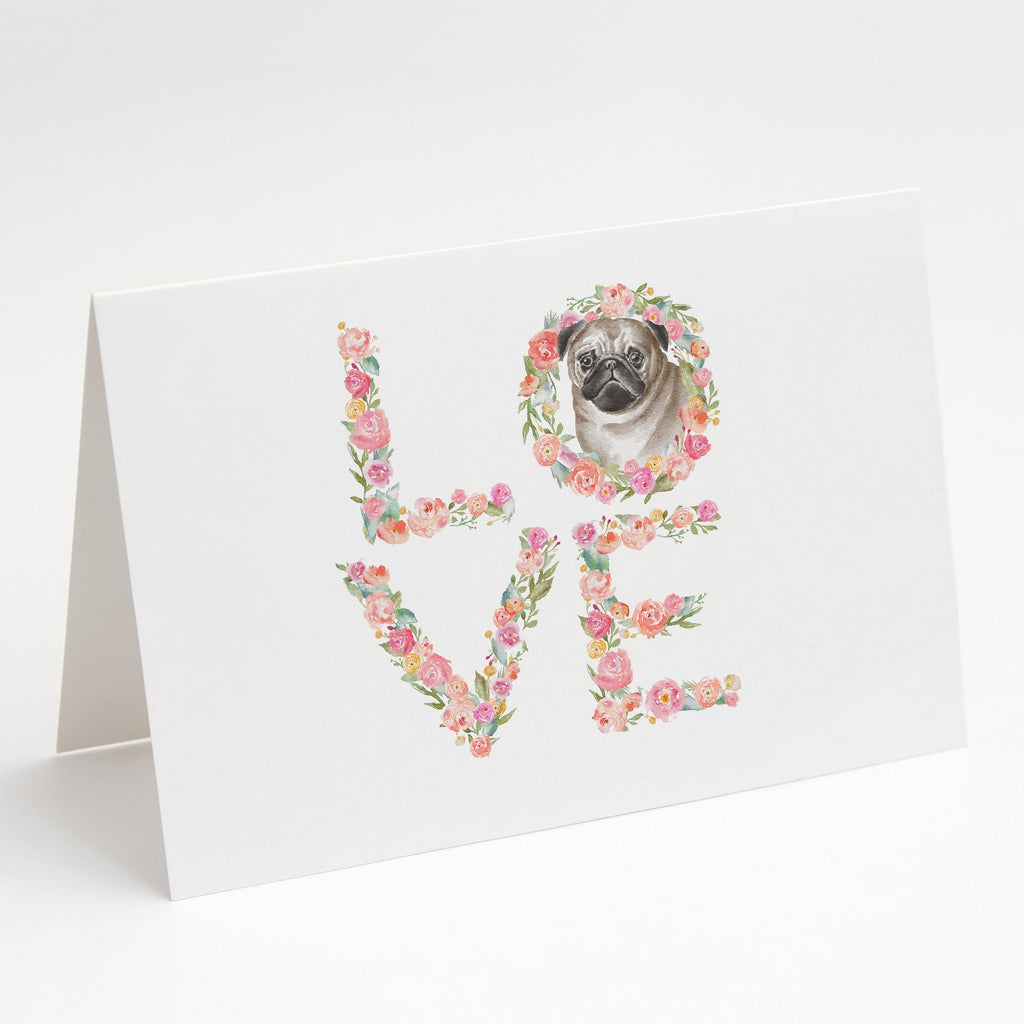 Pug #6 LOVE Greeting Cards Pack of 8 Blank Cards with Envelopes Whimsical A7 Size 5x7