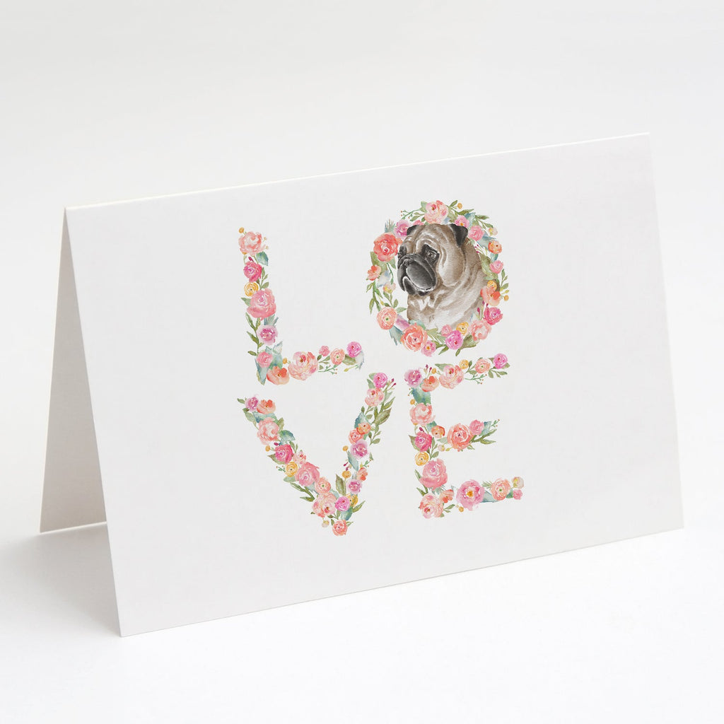 Pug #7 LOVE Greeting Cards Pack of 8 Blank Cards with Envelopes Whimsical A7 Size 5x7