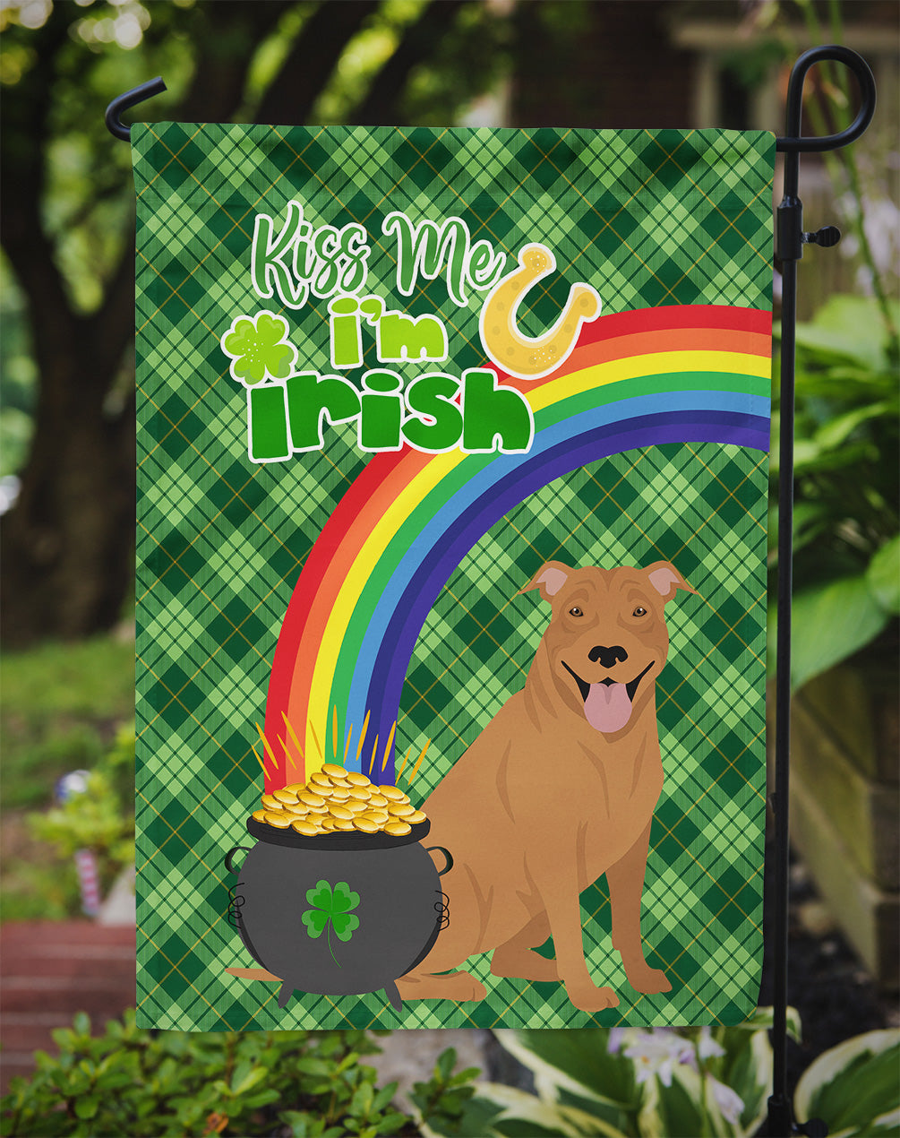 Red Pit Bull Terrier St. Patrick's Day Garden Flag Mailbox Decorative Yard Banner Outside Patio Artwork for Flower Beds, Garden Size, Multicolor