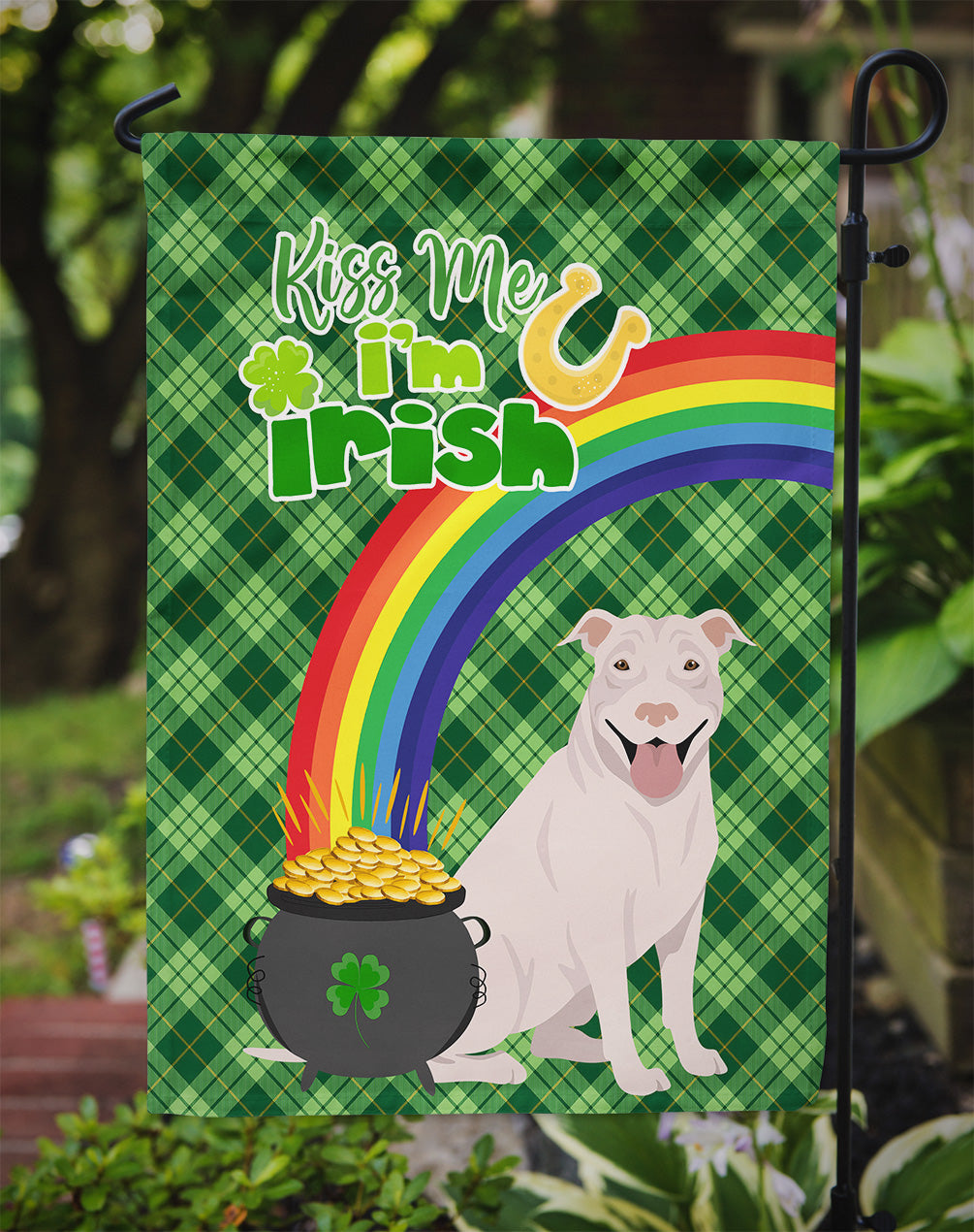 White Pit Bull Terrier St. Patrick's Day Garden Flag Mailbox Decorative Yard Banner Outside Patio Artwork for Flower Beds, Garden Size, Multicolor