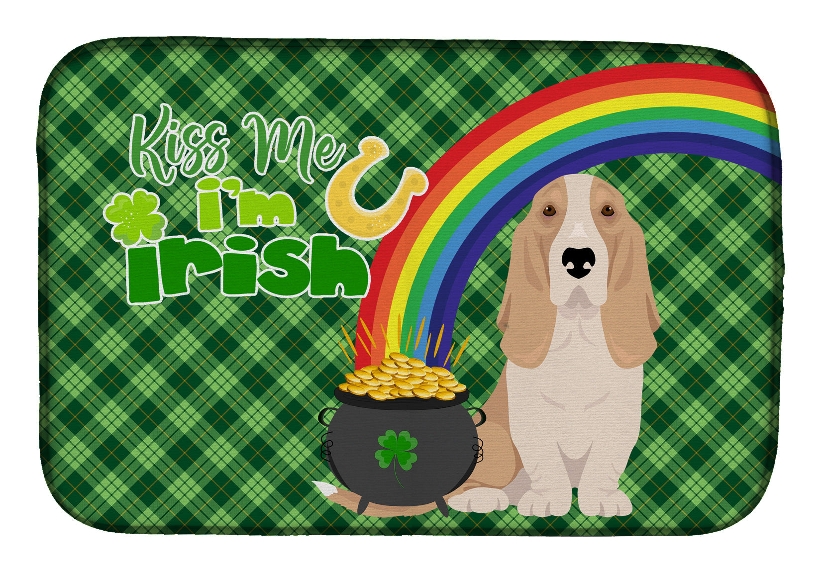 Lemon and White Tricolor Basset Hound St. Patrick's Day Dish Drying Mat Absorbent Dish Drying Mat Pad for Kitchen Counter Dish Drainer Mat for Countertop, 14 x 21", Multicolor