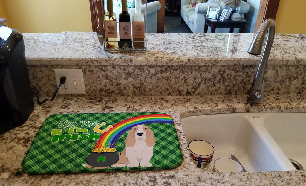 Lemon and White Tricolor Basset Hound St. Patrick's Day Dish Drying Mat Absorbent Dish Drying Mat Pad for Kitchen Counter Dish Drainer Mat for Countertop, 14 x 21", Multicolor