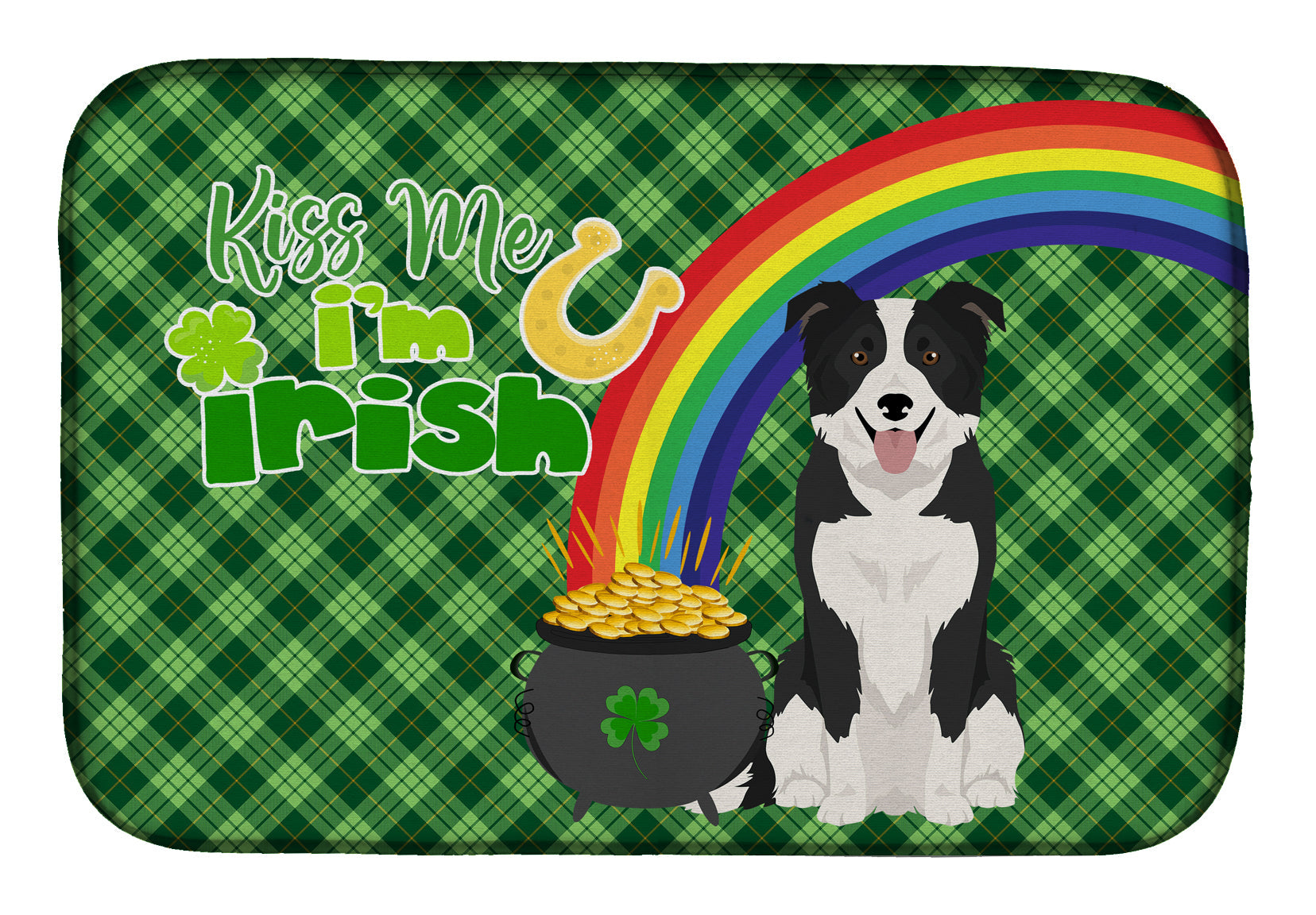 Black and White Border Collie St. Patrick's Day Dish Drying Mat Absorbent Dish Drying Mat Pad for Kitchen Counter Dish Drainer Mat for Countertop, 14 x 21", Multicolor