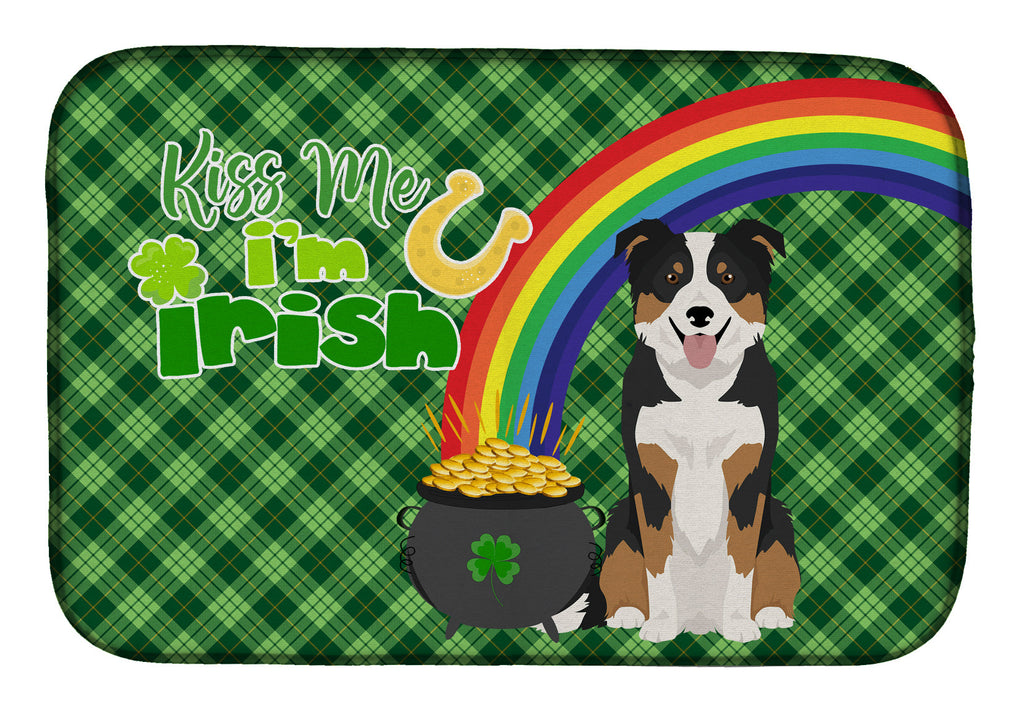 Tricolor Border Collie St. Patrick's Day Dish Drying Mat Absorbent Dish Drying Mat Pad for Kitchen Counter Dish Drainer Mat for Countertop, 14 x 21", Multicolor