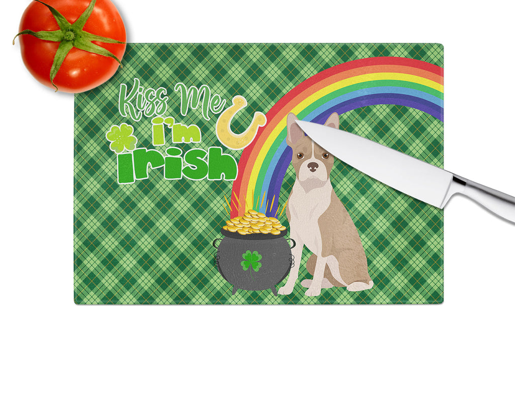 Fawn Boston Terrier St. Patrick's Day Cutting Board Tempered Glass Kitchen Cutting Surface, Heat Resistant Chopping, Non-Slip Feet, Food Prep & Serving