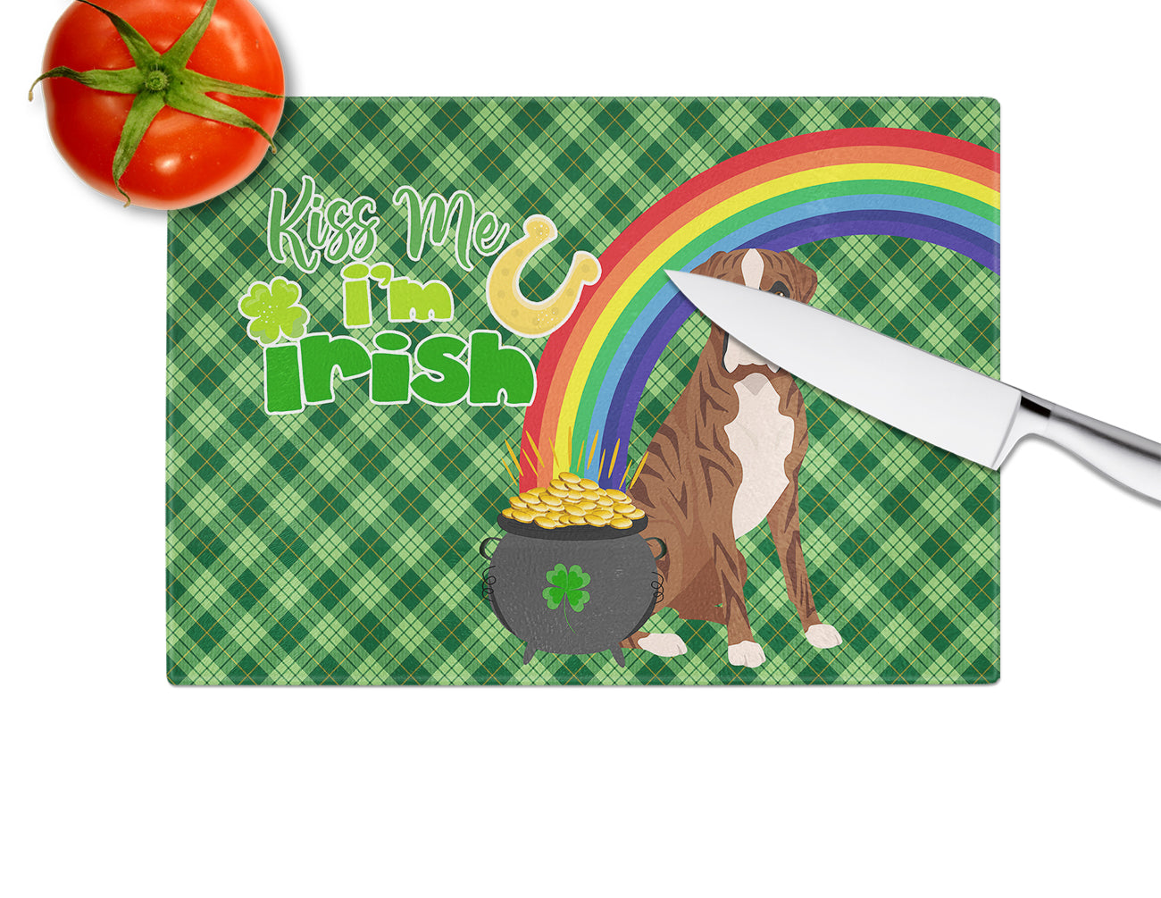 Natural Eared Red Brindle Boxer St. Patrick's Day Cutting Board Tempered Glass Kitchen Cutting Surface, Heat Resistant Chopping, Non-Slip Feet, Food Prep & Serving