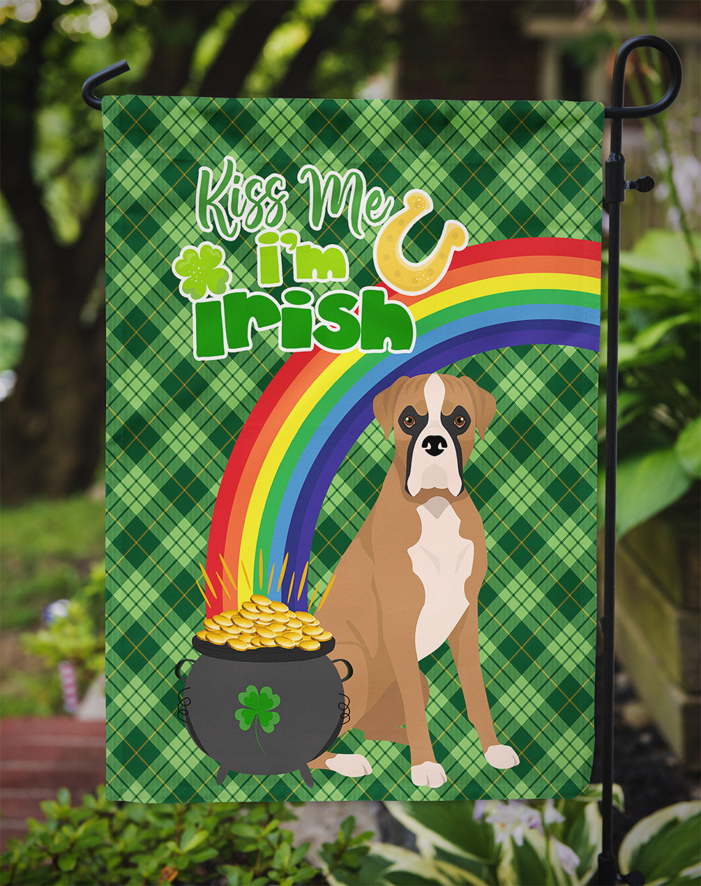 Natural Eared Fawn Boxer St. Patrick's Day Garden Flag Mailbox Decorative Yard Banner Outside Patio Artwork for Flower Beds, Garden Size, Multicolor