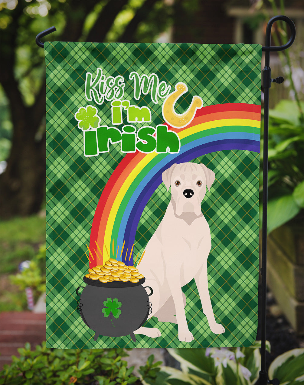 Natural Eared White Boxer St. Patrick's Day Garden Flag Mailbox Decorative Yard Banner Outside Patio Artwork for Flower Beds, Garden Size, Multicolor