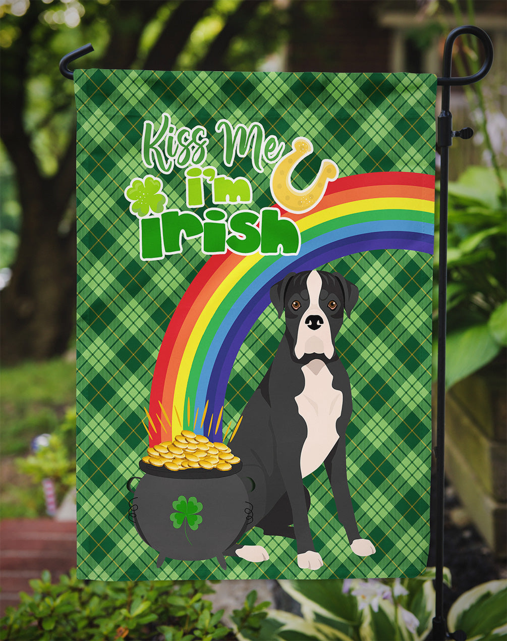 Natural Eared Black Boxer St. Patrick's Day Garden Flag Mailbox Decorative Yard Banner Outside Patio Artwork for Flower Beds, Garden Size, Multicolor