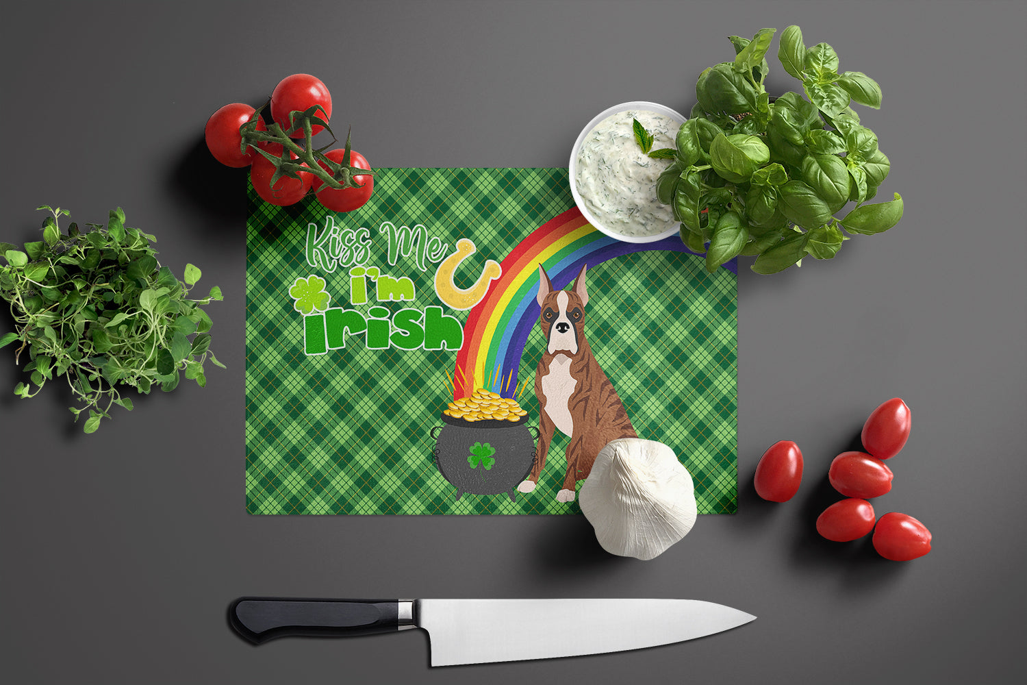 Red Brindle Boxer St. Patrick's Day Cutting Board Tempered Glass Kitchen Cutting Surface, Heat Resistant Chopping, Non-Slip Feet, Food Prep & Serving