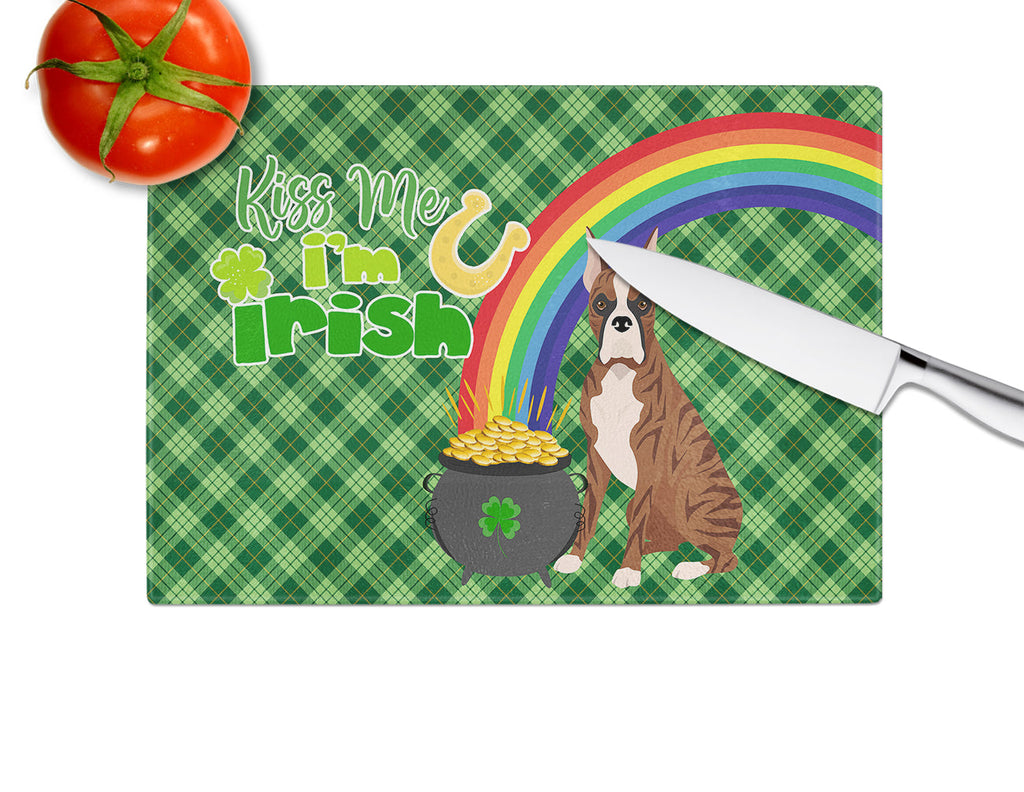 Red Brindle Boxer St. Patrick's Day Cutting Board Tempered Glass Kitchen Cutting Surface, Heat Resistant Chopping, Non-Slip Feet, Food Prep & Serving