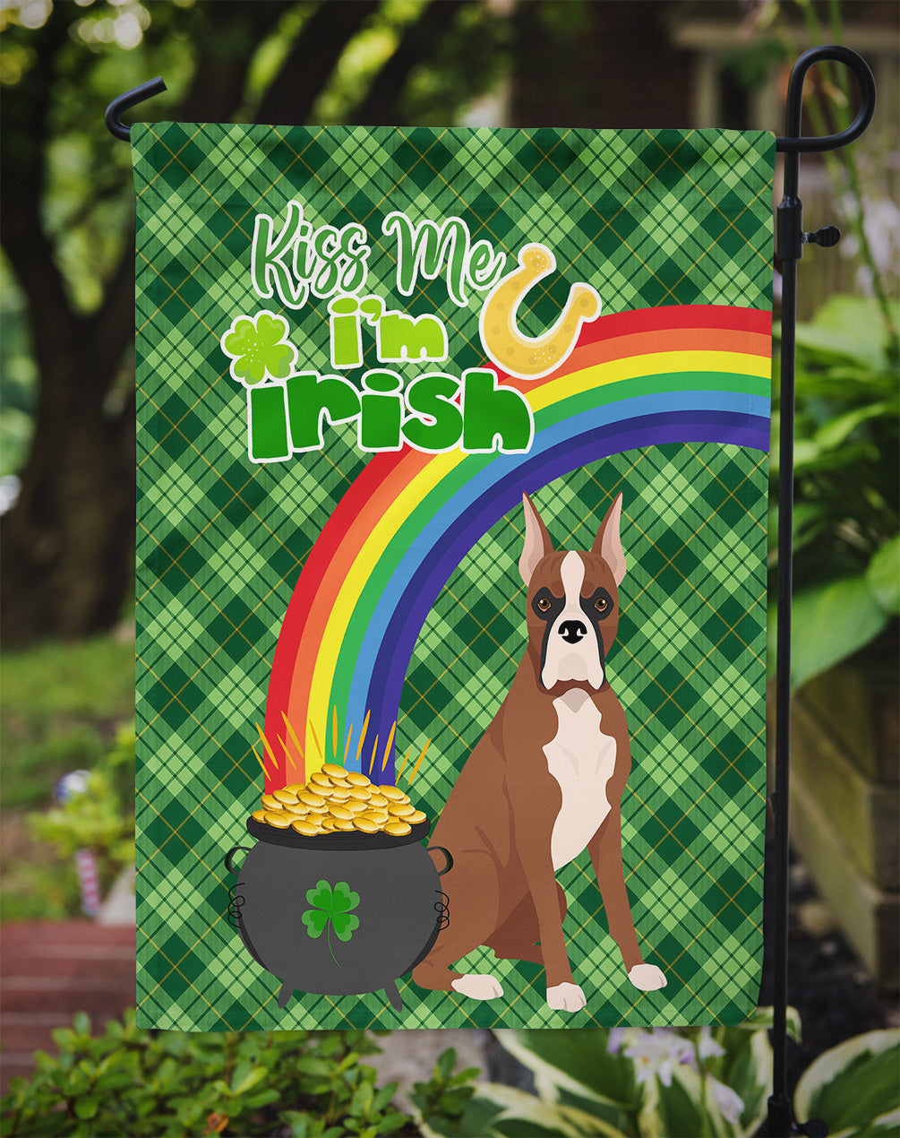 Red Fawn Boxer St. Patrick's Day Garden Flag Mailbox Decorative Yard Banner Outside Patio Artwork for Flower Beds, Garden Size, Multicolor