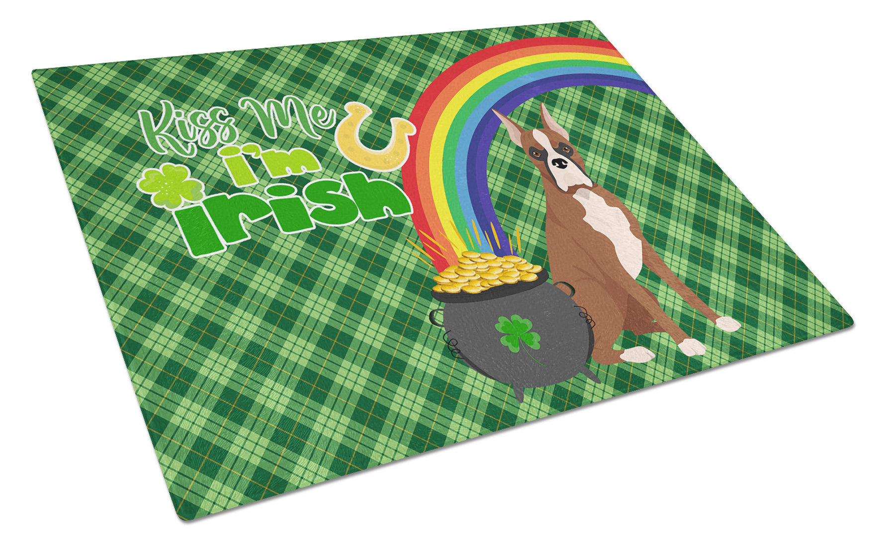 Red Fawn Boxer St. Patrick's Day Cutting Board Tempered Glass Kitchen Cutting Surface, Heat Resistant Chopping, Non-Slip Feet, Food Prep & Serving