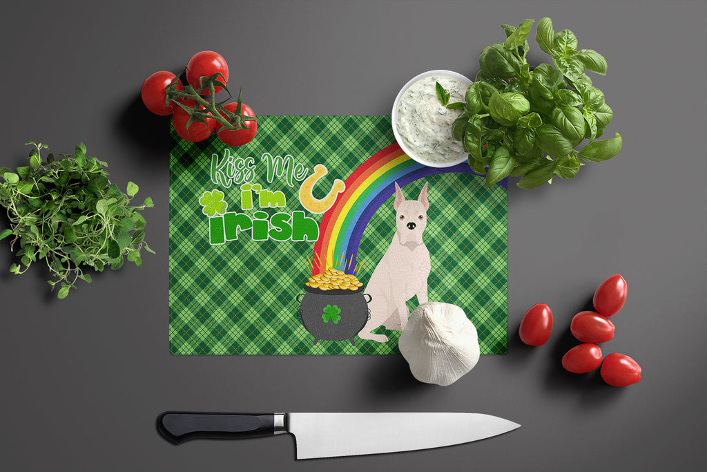 White Boxer St. Patrick's Day Cutting Board Tempered Glass Kitchen Cutting Surface, Heat Resistant Chopping, Non-Slip Feet, Food Prep & Serving