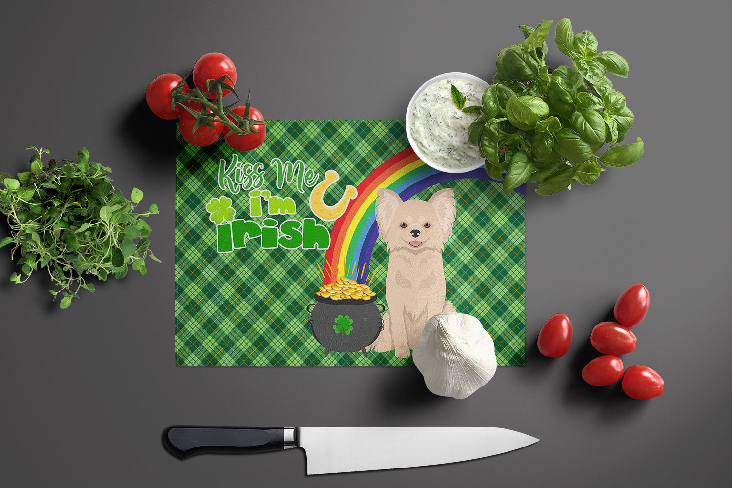 Longhaired Cream Chihuahua St. Patrick's Day Cutting Board Tempered Glass Kitchen Cutting Surface, Heat Resistant Chopping, Non-Slip Feet, Food Prep & Serving