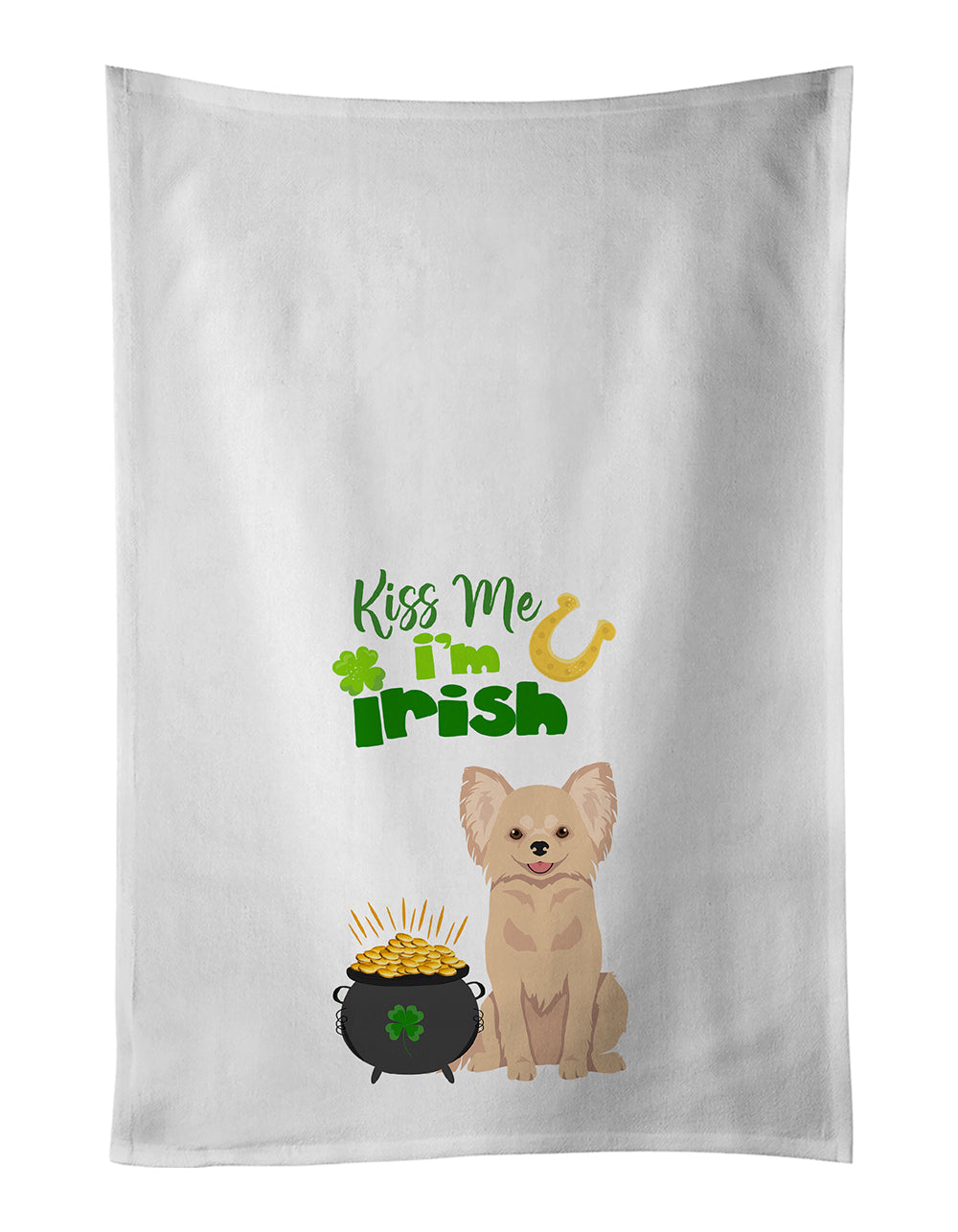 Longhaired Cream Chihuahua St. Patrick's Day Kitchen Towel Set of 2 White Dish Towels Decorative Bathroom Hand towel for Hand, Face, Hair, Yoga, Tea, Dishcloth, 19 X 28", White