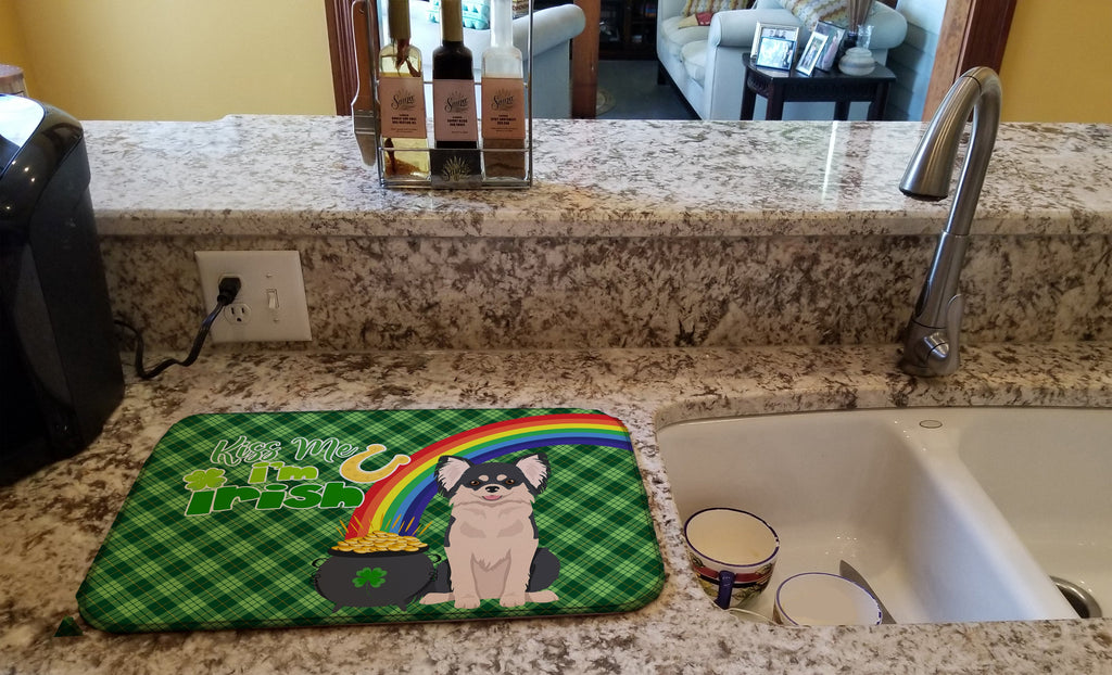 Longhaired Black and White Chihuahua St. Patrick's Day Dish Drying Mat Absorbent Dish Drying Mat Pad for Kitchen Counter Dish Drainer Mat for Countertop, 14 x 21", Multicolor