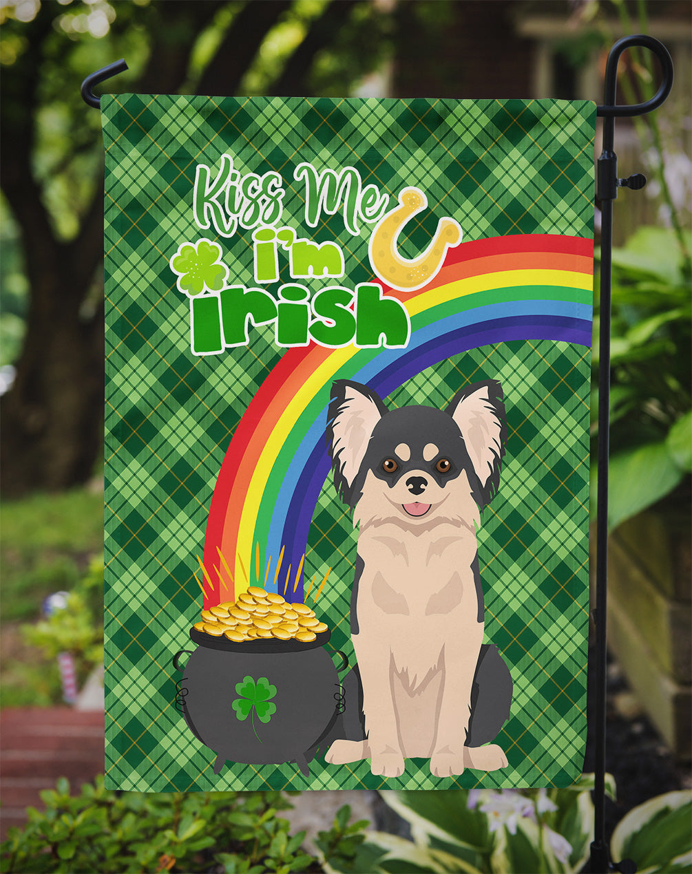 Longhaired Black and White Chihuahua St. Patrick's Day Garden Flag Mailbox Decorative Yard Banner Outside Patio Artwork for Flower Beds, Garden Size, Multicolor