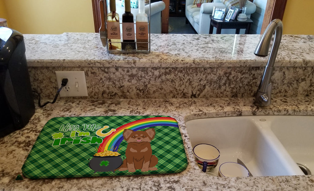 Longhaired Chocolate and Tan Chihuahua St. Patrick's Day Dish Drying Mat Absorbent Dish Drying Mat Pad for Kitchen Counter Dish Drainer Mat for Countertop, 14 x 21", Multicolor