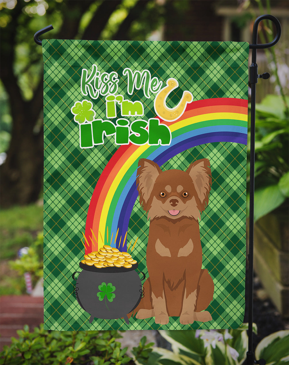 Longhaired Chocolate and Tan Chihuahua St. Patrick's Day Garden Flag Mailbox Decorative Yard Banner Outside Patio Artwork for Flower Beds, Garden Size, Multicolor