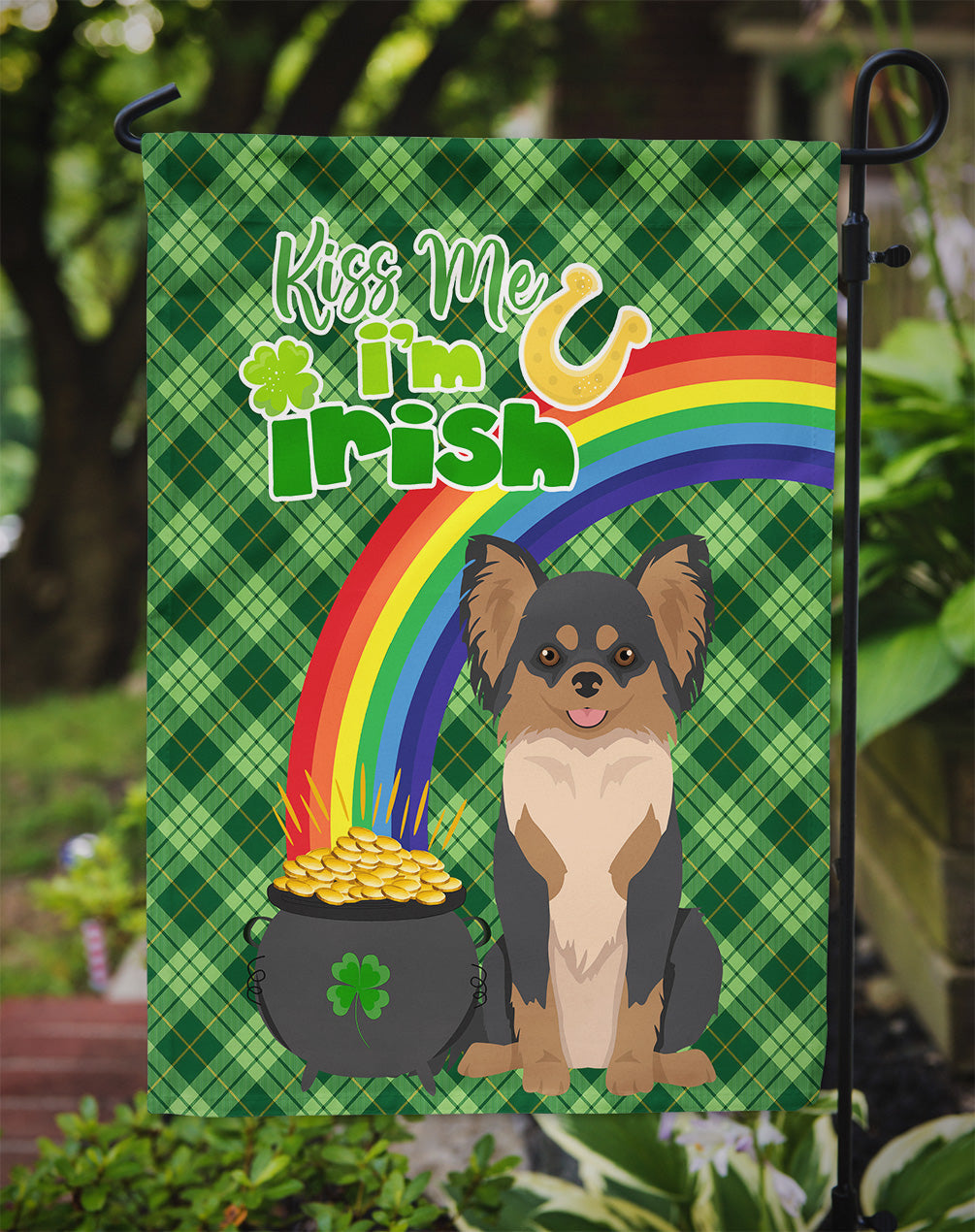 Longhaired Black and Tan Chihuahua St. Patrick's Day Garden Flag Mailbox Decorative Yard Banner Outside Patio Artwork for Flower Beds, Garden Size, Multicolor