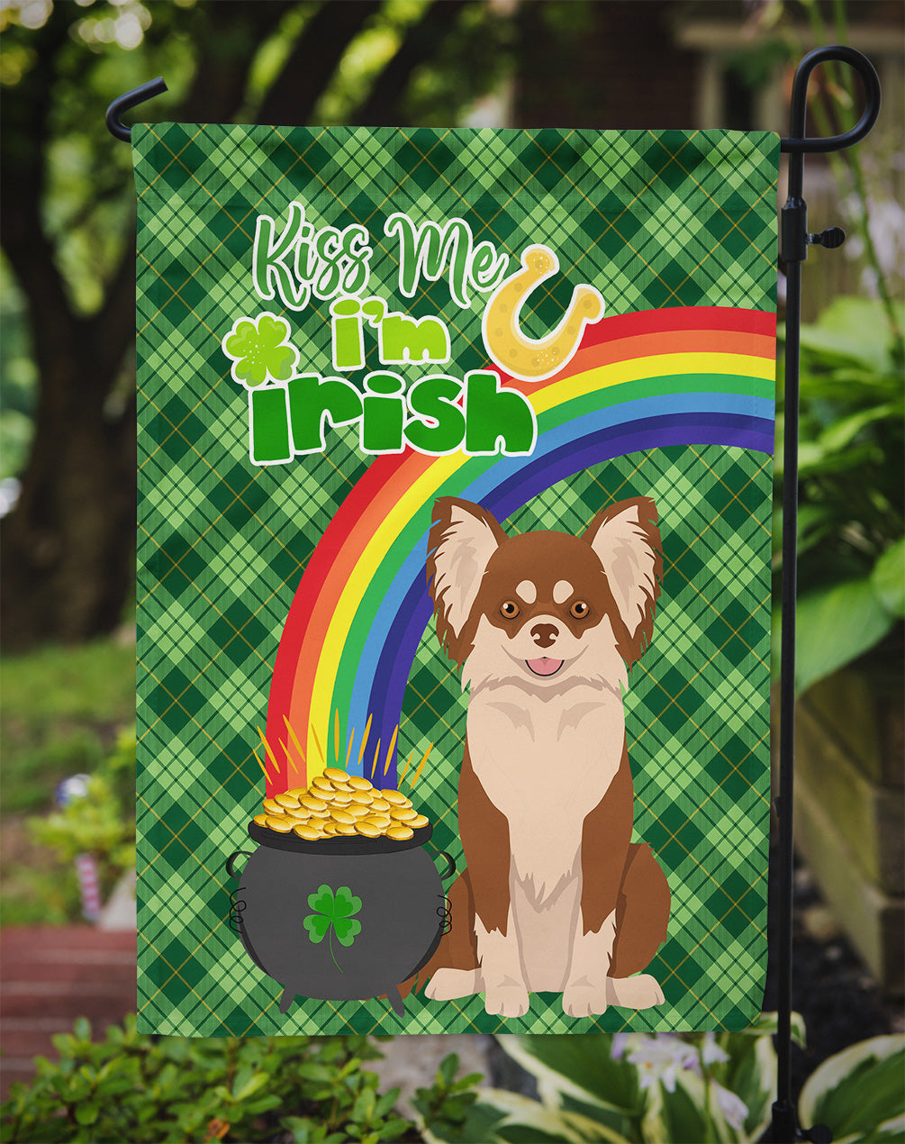 Longhaired Chocolate and White Chihuahua St. Patrick's Day Garden Flag Mailbox Decorative Yard Banner Outside Patio Artwork for Flower Beds, Garden Size, Multicolor