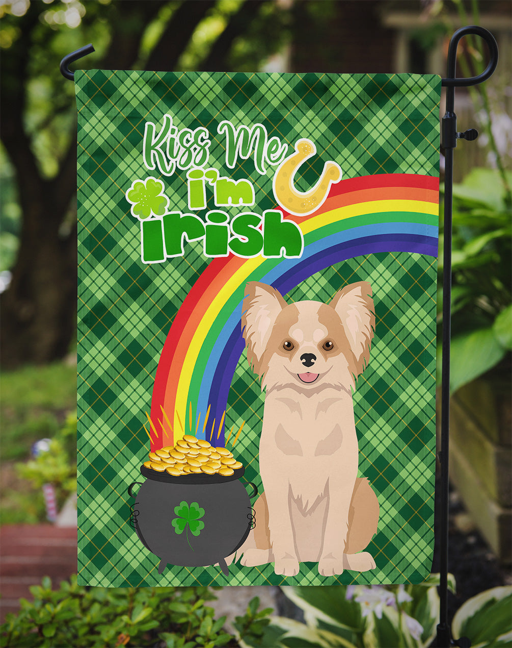 Longhaired Gold and White Chihuahua St. Patrick's Day Garden Flag Mailbox Decorative Yard Banner Outside Patio Artwork for Flower Beds, Garden Size, Multicolor