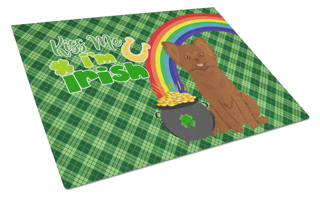 Longhaired Chocolate Chihuahua St. Patrick's Day Cutting Board Tempered Glass Kitchen Cutting Surface, Heat Resistant Chopping, Non-Slip Feet, Food Prep & Serving