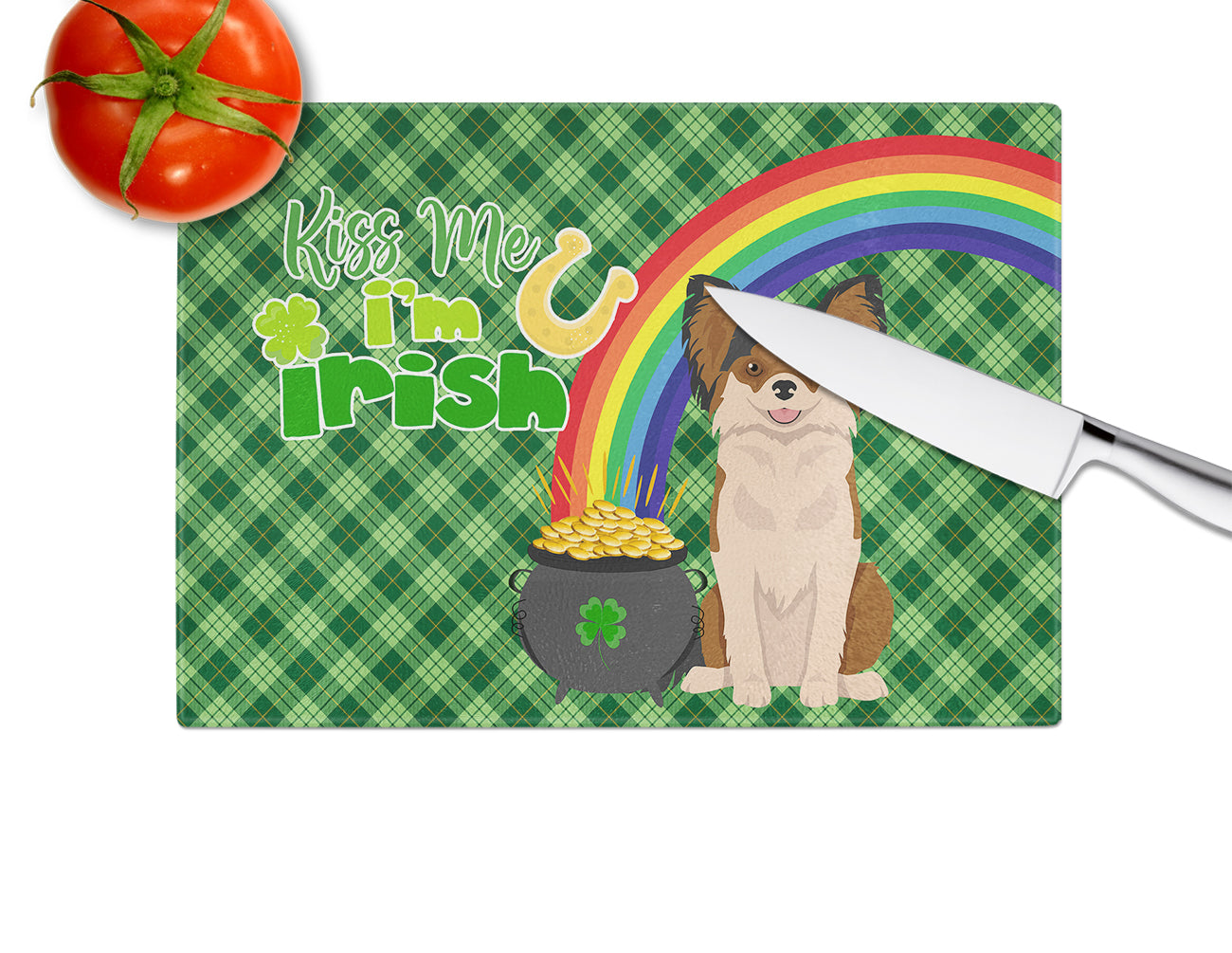 Longhaired Black and Red Chihuahua St. Patrick's Day Cutting Board Tempered Glass Kitchen Cutting Surface, Heat Resistant Chopping, Non-Slip Feet, Food Prep & Serving