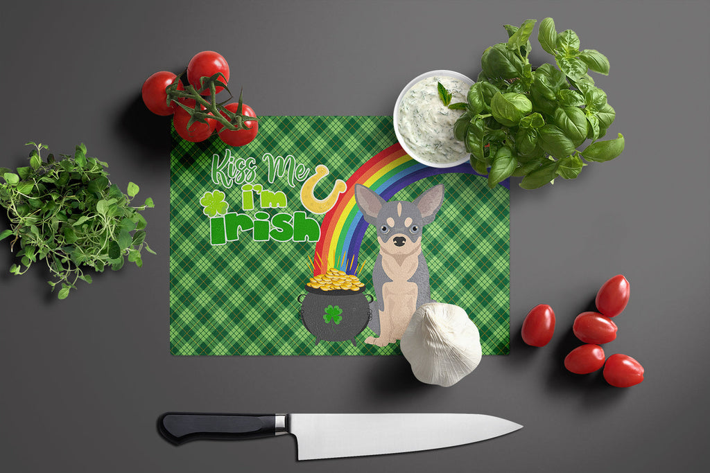 Blue and White Chihuahua St. Patrick's Day Cutting Board Tempered Glass Kitchen Cutting Surface, Heat Resistant Chopping, Non-Slip Feet, Food Prep & Serving