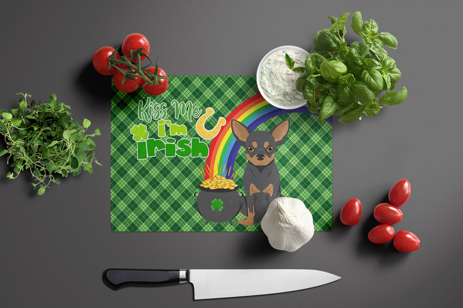 Black and Tan Chihuahua St. Patrick's Day Cutting Board Tempered Glass Kitchen Cutting Surface, Heat Resistant Chopping, Non-Slip Feet, Food Prep & Serving