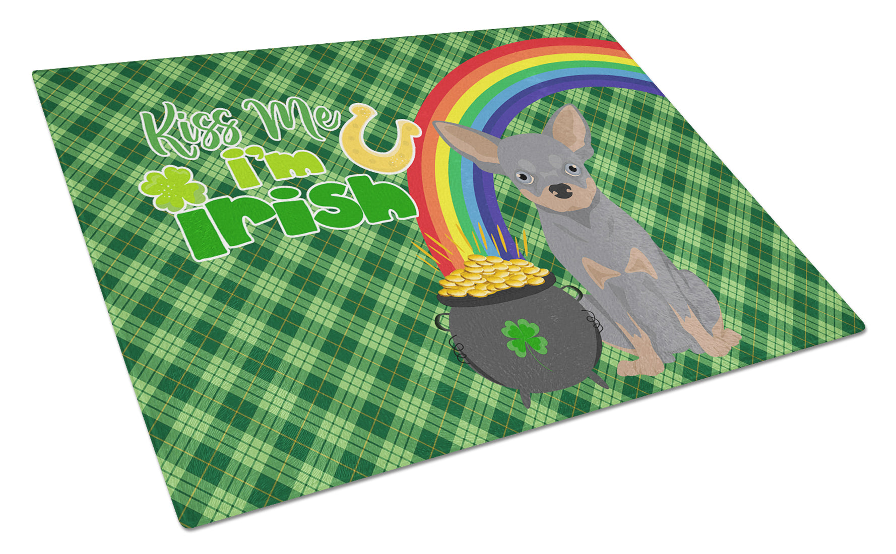 Blue and Tan Chihuahua St. Patrick's Day Cutting Board Tempered Glass Kitchen Cutting Surface, Heat Resistant Chopping, Non-Slip Feet, Food Prep & Serving