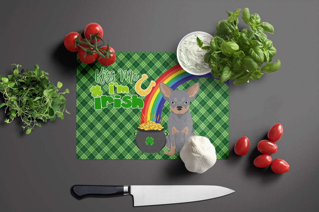 Blue and Tan Chihuahua St. Patrick's Day Cutting Board Tempered Glass Kitchen Cutting Surface, Heat Resistant Chopping, Non-Slip Feet, Food Prep & Serving
