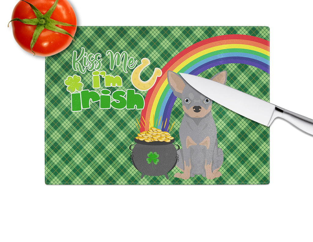 Blue and Tan Chihuahua St. Patrick's Day Cutting Board Tempered Glass Kitchen Cutting Surface, Heat Resistant Chopping, Non-Slip Feet, Food Prep & Serving
