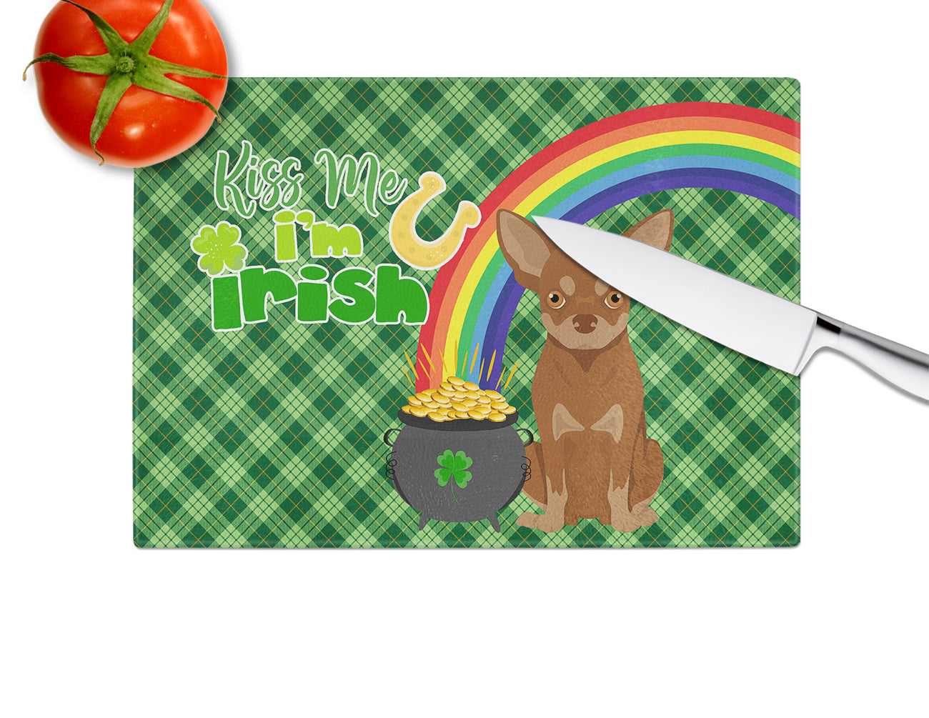 Chocolate and Tan Chihuahua St. Patrick's Day Cutting Board Tempered Glass Kitchen Cutting Surface, Heat Resistant Chopping, Non-Slip Feet, Food Prep & Serving