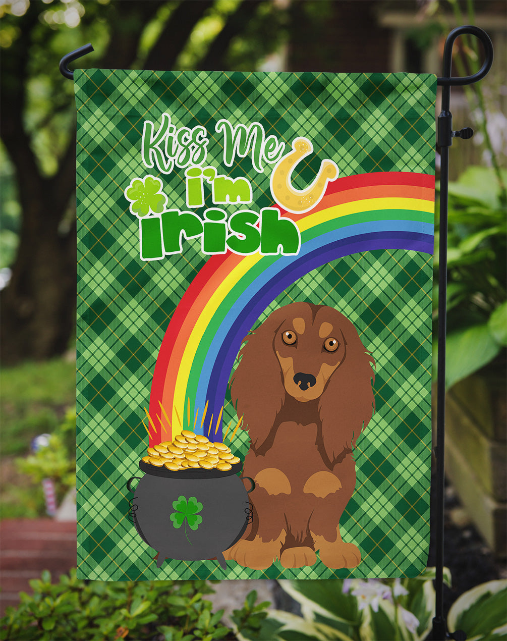 Longhair Chocolate and Tan Dachshund St. Patrick's Day Garden Flag Mailbox Decorative Yard Banner Outside Patio Artwork for Flower Beds, Garden Size, Multicolor