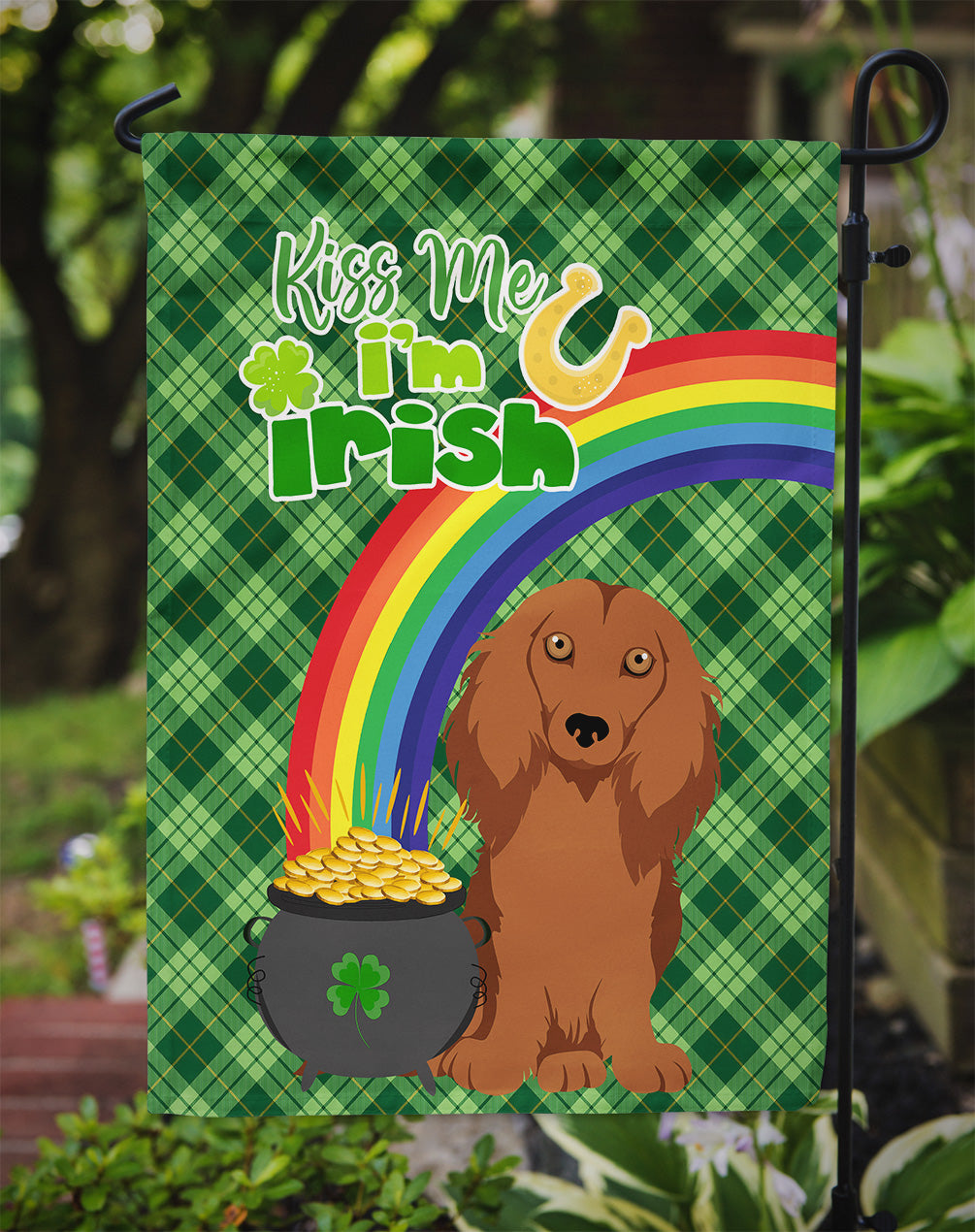 Longhair Red Dachshund St. Patrick's Day Garden Flag Mailbox Decorative Yard Banner Outside Patio Artwork for Flower Beds, Garden Size, Multicolor