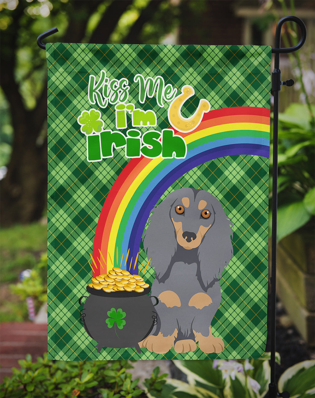 Longhair Blue and Tan Dachshund St. Patrick's Day Garden Flag Mailbox Decorative Yard Banner Outside Patio Artwork for Flower Beds, Garden Size, Multicolor
