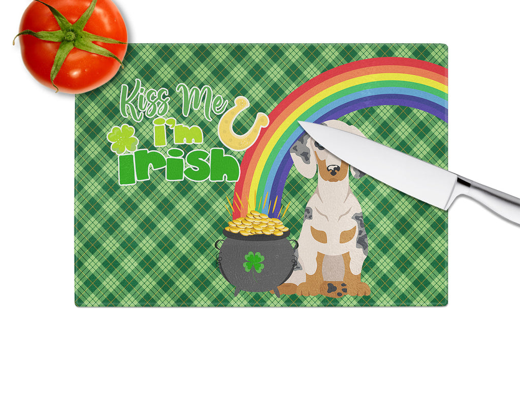 Cream Dapple Dachshund St. Patrick's Day Cutting Board Tempered Glass Kitchen Cutting Surface, Heat Resistant Chopping, Non-Slip Feet, Food Prep & Serving
