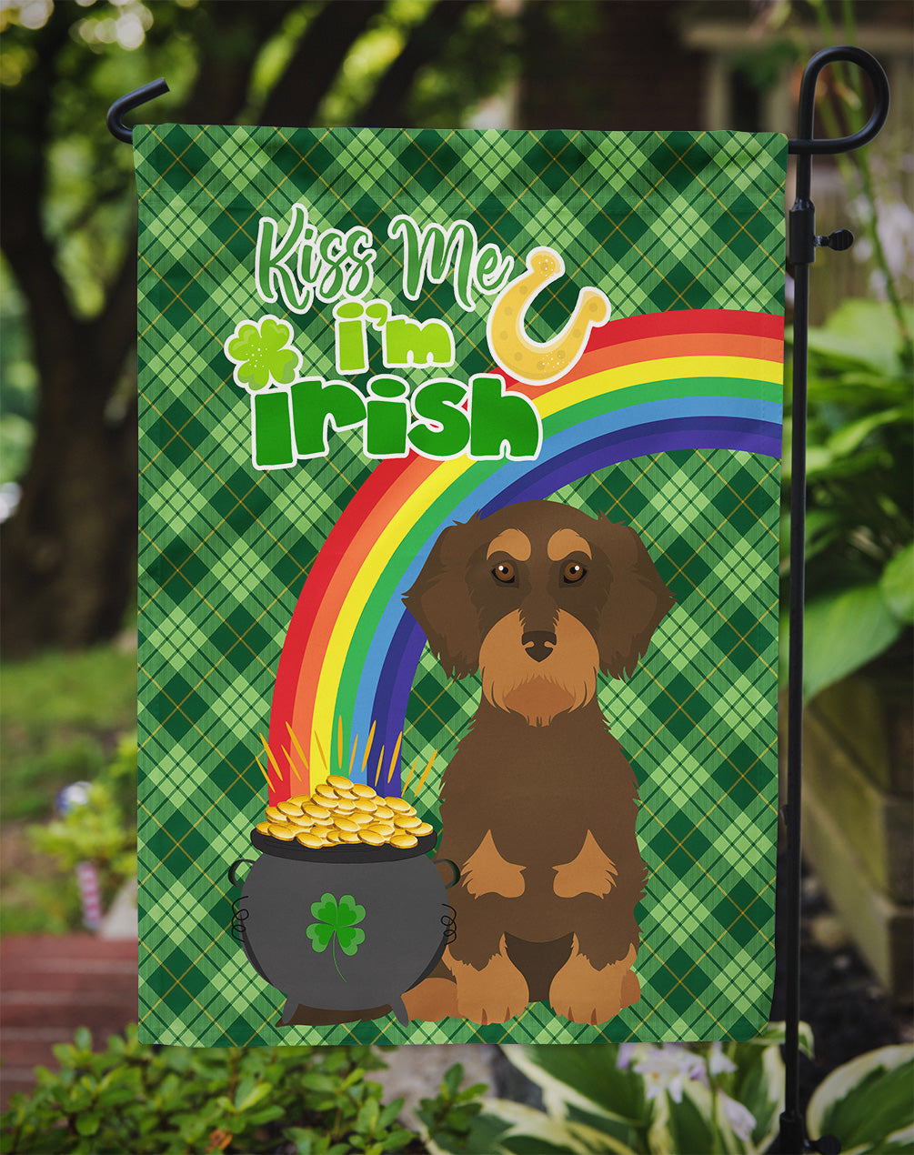 Wirehair Chocolate and Tan Dachshund St. Patrick's Day Garden Flag Mailbox Decorative Yard Banner Outside Patio Artwork for Flower Beds, Garden Size, Multicolor