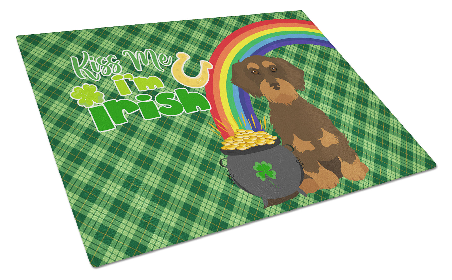 Wirehair Chocolate and Tan Dachshund St. Patrick's Day Cutting Board Tempered Glass Kitchen Cutting Surface, Heat Resistant Chopping, Non-Slip Feet, Food Prep & Serving